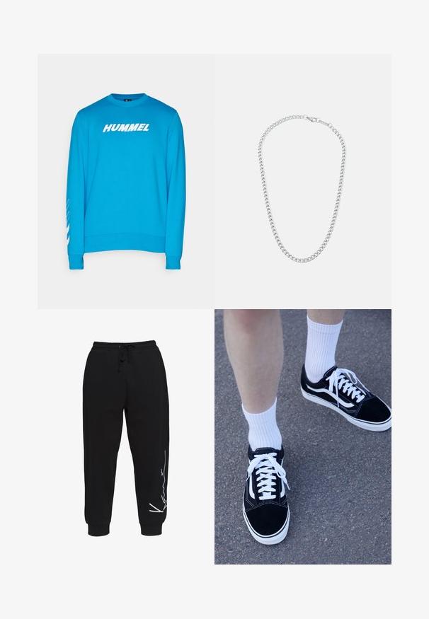 Blauwe sweatshirt met lange mouwen, met een witte "HUMMEL" logo op de voorkant en diagonale witte strepen langs de linker mouw.; Zwarte katoenen t-shirt met korte mouwen, ronde hals en een witte handtekeninglogo gedrukt op de voorkant. Soepele textuur en een ontspannen pasvorm.; Zwarte sweatpants van katoen, met een elastische tailleband en trekkoord, taps toelopende pijpen en een wit logo op de linkerkant.; Zwarte suède sneakers met witte accenten en veters, gecombineerd met witte geribde crew sokken, geplaatst op een gestructureerd grijs oppervlak.; Zilveren metalen ketting met in elkaar grijpende schakels en een veilige sluiting, gladde textuur, gelijkmatige afwerking en een klassiek ontwerp.
