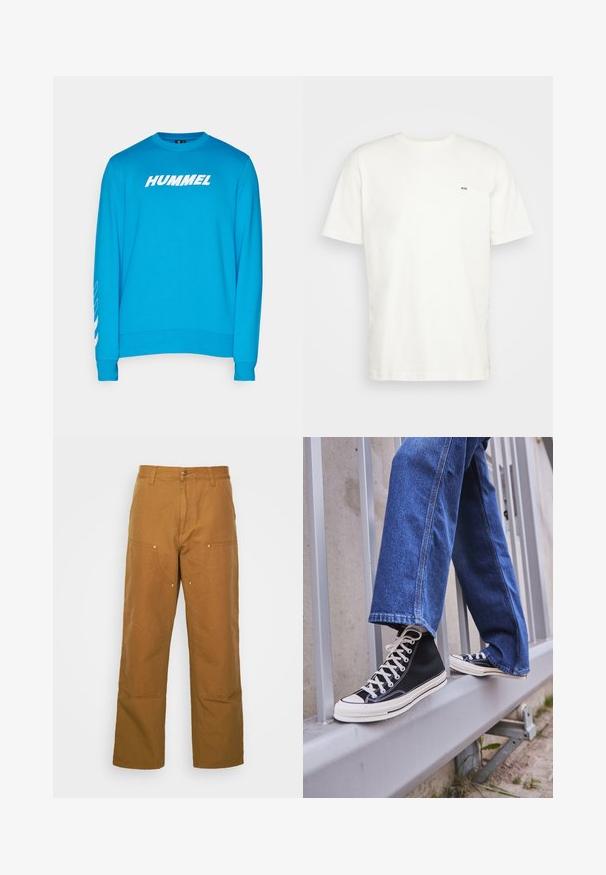 Niebieska bluza z długimi rękawami, z białym logo "HUMMEL" na przodzie oraz ukośnymi białymi paskami wzdłuż lewego rękawa.; Biała bawełniana koszulka z okrągłym dekoltem, krótkimi rękawami i małym czarnym logo "W.W." na lewej piersi. Gładka tekstura, standardowy krój.; Brązowe bawełniane spodnie robocze o prostym kroju, z przednimi kieszeniami i metalowymi elementami dla dodatkowej wytrzymałości.; Czarne sneakersy za kostkę z białą podeszwą i sznurówkami, w połączeniu z luźnymi niebieskimi dżinsami, opierające się na szarym balustradzie.