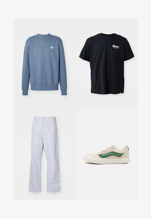 Kék pamut keverék pulóver kerek nyakkivágással, bordás mandzsettákkal és aljjal. Kicsi logófolt a mellkason. Sima textúra.; Fekete pamut póló rövid ujjú, kerek nyakkivágással és rózsaszín logóval a bal melleden. Az alján bal oldalon címke található.; Világoskék, egyenes szabású pamut nadrág. Elöl zsebből, cipzáras záródással és egy fém gombbal rendelkezik a derékon.; Beige velúr sportcipő, zöld bőr díszítéssel, kerek középtalppal, fehér fűzőkkel és textúrázott részletekkel az oldalakon. A gumi talp jól látható.