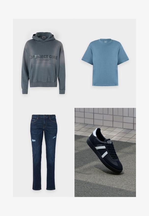 Gray hoodie made of cotton, featuring a front pocket, ribbed cuffs, and bold printed text “PROJECT CORE” on the chest.; Blue short-sleeve t-shirt, made of cotton, with a crew neck and a relaxed fit. Smooth texture, minimalist design, no patterns or accents.; Dark blue denim jeans with a straight cut, featuring distressed rips at the knees, traditional pockets, and visible contrasting stitching.; Black leather sneaker with white stripes, textured rubber sole, and lace-up front. Features a branded label on the tongue.