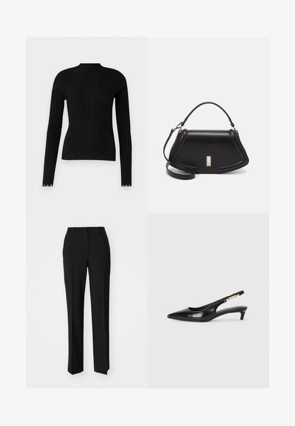 Maglietta nera a maniche lunghe con colletto alto, caratterizzata da un design a coste testurizzato e decorazioni sui polsini delle maniche.; Pantaloni neri su misura con un design a gamba dritta, caratterizzati da una texture liscia e pieghe ben definite sul davanti. Senza hardware visibile.; Tacchi slingback in pelle nera con punta affusolata, caratterizzati da un tacco alto e un accento dorato sulla cinghia regolabile. Texture liscia.; Borsa a mano in pelle nera con un design strutturato, caratterizzata da una forma corta, manico superiore e accessori in metallo dorato. Inclusa tracolla regolabile.