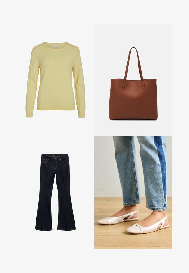 VILA VIRIL O-NECK  - Svetrík - pale banana; Tmavomodré džínsy s vysokým pásom, prednými vreckami a rozšírenými nohavicami, vystavené na bielom pozadí.; Svetloružové slingback baleríny s jemne špicatou špičkou, vyrobené z hladkého materiálu pripomínajúceho kožu. Majú výrezové detaily na stranách a plochý opätok.; Hnedá kožená taška na rameno s hladkou textúrou, otvoreným vrchom a dvoma ramenými popruhmi. Má minimálne šitia a žiadne viditeľné kovania.