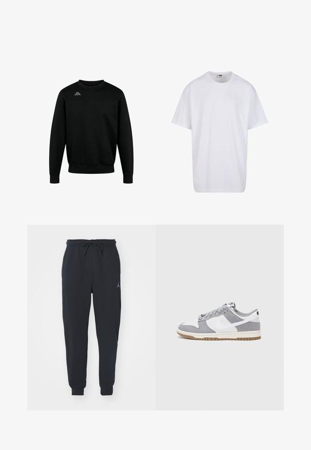Zwarte sweatshirt van katoen, met een ronde hals, lange mouwen en ribgebreide boorden, met een wit logo op de bovenste linkerborst.; Witte katoenen t-shirt met korte mouwen, ronde hals, relaxte pasvorm en zonder zichtbare logo's of patronen. Gladde textuur en minimalistisch ontwerp.; Zwarte joggingsbroeken van zachte stof, met een elastische tailleband met trekkoord, geribbelde boorden en een klein logo op de linker dij.; Grijze en witte sneaker met een bovenwerk van suede en leer, ronde neus, platte veters en een rubberen zool met een gumaccent.