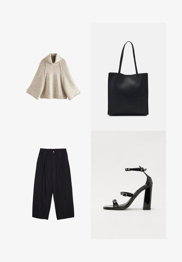 Next REGULAR FIT ROLL NECK - Svetr - ecru; Černé polyesterové culotte kalhoty s elastickým pasem, dvěma předními sklady a volným siluetou. Žádné viditelné vzory ani kovové detaily.; Černé lakované sandály na podpatku se čtveratou špičkou, lýtkovými pásky a stříbrnými přezkami. Disponují masivním blokovým podpatkem pro stabilitu.; Černá kožená taška přes rameno s hladkým povrchem, obdélníkovým tvarem a dvěma dlouhými uchy. Žádné viditelné kování ani ozdoby.