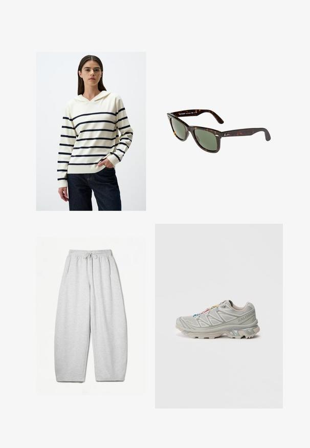 Felpa a strisce in crema con strisce blu navy, caratterizzata da un collo a V, maniche lunghe e una vestibilità rilassata, abbinata a jeans di denim scuro.; Pantaloni della tuta grigio chiaro con una vestibilità rilassata, vita elasticizzata, cordoncino e tasche laterali; realizzati in un morbido tessuto testurizzato.; Scarpa da ginnastica grigia chiara con tomaia in rete testurizzata, dettagli riflettenti, suola con battistrada distintivo e lacci colorati. Presenta un design che offre supporto.; Occhiali da sole Wayfarer con montatura in plastica tartarugata scura, lenti verdi e logo Ray-Ban in argento sulla tempia.