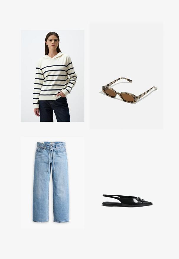 Gestreepte hoodie in roomkleur met marineblauwe strepen, met een v-hals, lange mouwen en een relaxte pasvorm, gecombineerd met donkere spijkerbroek.; Lichtblauwe denim wijde broek met een hoge taille, knoop- en ritssluiting, en een trekkoorddetail in de taille. Afgeronde zoomafwerking.; Zwarte gepolijste leren slingback ballerina's met een puntige neus, cirkelvormig accentdetail en slanke banden voor een veilige pasvorm. Glad glanzende afwerking.; schildpadsonnenbril met ovale glazen, bruine tint en dunne patroonzijkanten. Lichtgewicht kunststof materiaal met subtiele gouden accenten.