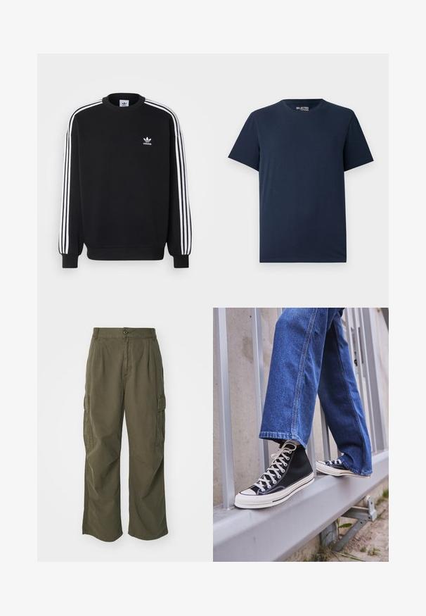 Sweatshirt preto com design de três riscas brancas nas mangas, gola redonda, punhos canelados e pequeno logo branco da Adidas no peito.; T-shirt de algodão azul-marinho com decote redondo e mangas curtas. Apresenta um design simples sem padrões ou embellishments.; Calças cargo em verde oliva, feitas de algodão, com um design de perna larga, pregas e bolsos laterais para utilidade.; Ténis altos pretos com sola e atacadores brancos, combinados com jeans azul desgastado, repousando sobre um corrimão cinza.