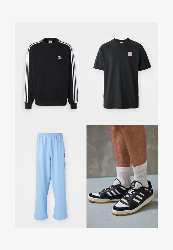 Sweatshirt preto com design de três riscas brancas nas mangas, gola redonda, punhos canelados e pequeno logo branco da Adidas no peito.; T-shirt de algodão preto com decote redondo, mangas curtas e uma pequena etiqueta colorida no lado esquerdo do peito com a palavra "SUPERIOR."; Calças de desporto azul claro feitas de um tecido suave, com um cós elástico e riscas laterais contrastantes em preto.; Ténis em preto e branco com upper em camurça e couro, apresentando três riscas brancas, um toe perfurado e uma sola em borracha de goma.