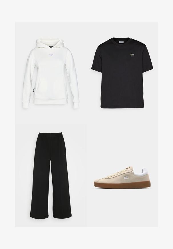 Λευκή hoodie από μαλακό ύφασμα με καγκουρό τσέπη. Διαθέτει ένα μικρό μωβ λογότυπο στο στήθος και ραβδωτά μανίκια και στρίφωμα.; Μαύρη βαμβακερή μπλούζα με στρογγυλή λαιμόκοψη, κοντά μανίκια και μικρό πράσινο κεντημένο λογότυπο στη αριστερή πλευρά του στήθους. Απλή σχεδίαση.; Μαύρο παντελόνι καμπάνα με ελαστική μέση. Κατασκευασμένο από μαλακό, ελαφρύ υλικό. Διαθέτει κάθετες ραφές κατά μήκος του μπροστινού μέρους.; Μπεζ σουέτ αθλητικά παπούτσια με λευκή δερμάτινη φτέρνα και λάστιχο σόλα από γόμα. Διαθέτουν κορδόνια και λογότυπο κροκοδείλου στο πλάι. Απλός σχεδιασμός.