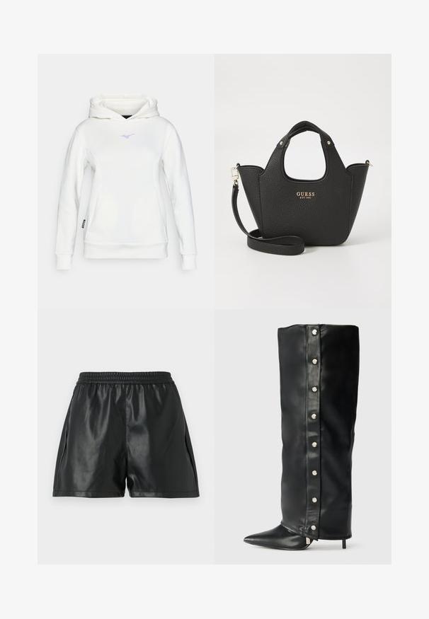 Biely mikina vyrobená z mäkkej tkaniny s klokanie kapsou. Obsahuje malú purpurovú značku na hrudi a rebrované manžety a lem.; Čierne šortky z umelej kože s elastickým pásom, s hladkou textúrou a voľným strihom. Žiadne viditeľné vzory ani akcenty.; Čierne kožené vysoké podpätky s priliehavým dizajnom, špicatou špičkou a striebornými cvokovými gombíkmi po stranách.; Čierna textúrovaná kabelka s krátkymi uchami a odnímateľným ramenným popruhom. Vybavená zlatým logom. Kompaktný, štruktúrovaný tvar.