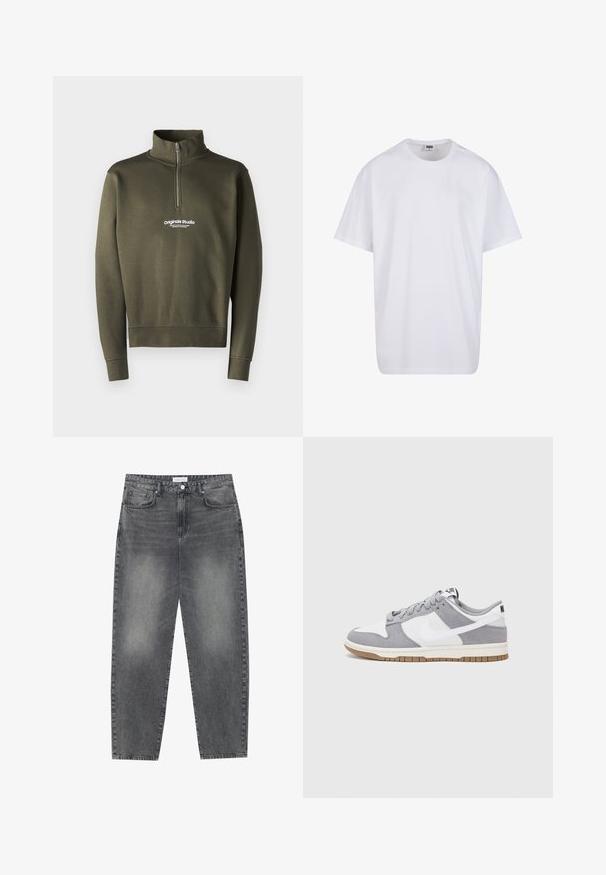 Olivengrønn zip-up hettegenser med høy krage, med et hvitt logo på brystet, laget av et mykt, teksturert stoff.; Hvit bomull t-skjorte med korte ermer, rund utringning, avslappet passform, og ingen synlige logoer eller mønstre. Glatt tekstur og minimalistisk design.; Høyt liv, løstsittende jeans i falmet svart denim. Har fem lommer, beltehemper og et rent, rett ben-design.; Grå og hvite sneakers med overdel i semsket skinn og lær, rund tå, flate lisser, og gummisåle med gummibelegg.