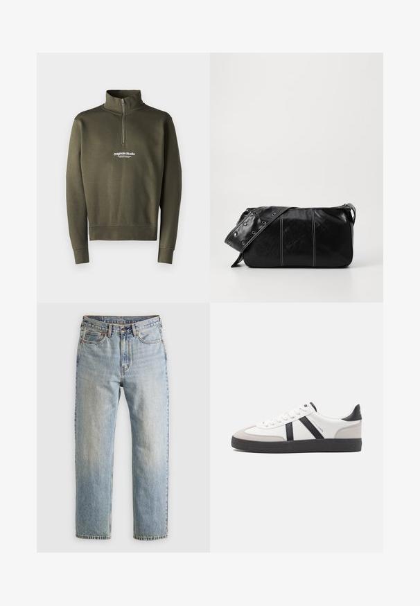Sweatshirt zippé vert olive avec col montant, présentant un logo blanc sur la poitrine, fabriqué dans un tissu doux et texturé.; Jean en denim bleu clair à taille haute, avec bouton avant, fermeture éclair et design à cinq poches, posé à plat sur un fond neutre.; Baskets blanches avec des accents noirs et gris, présentant un embout texturé gris, une semelle en caoutchouc noir et des lacets plats blancs. Design épuré, style minimaliste.; Sac à épaule en cuir noir avec une fermeture éclair, doté d'un corps texturé, de coutures blanches et d'une sangle avec des œillets en argent.