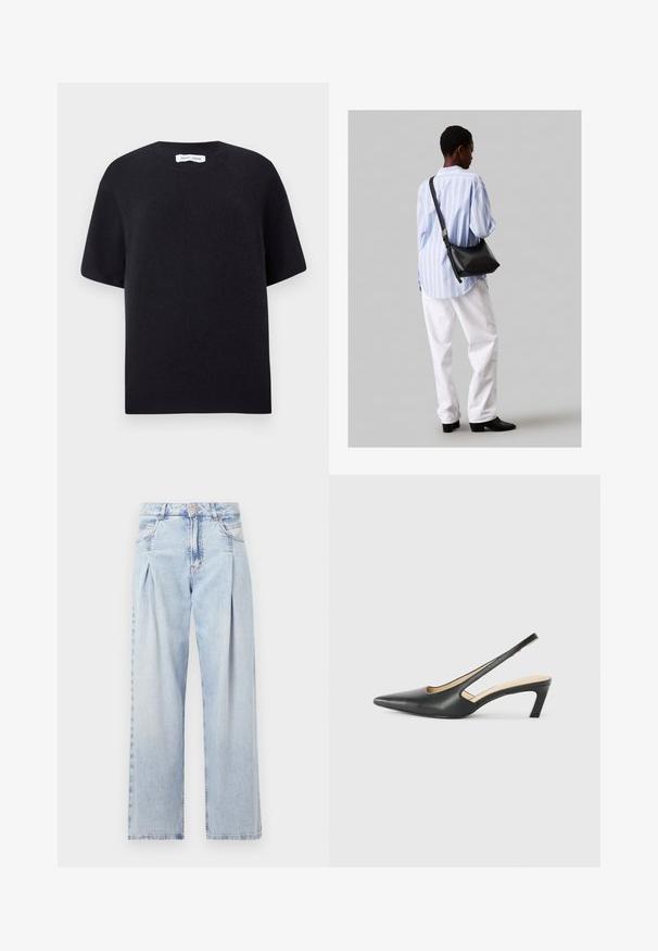 Czarny, dziany sweter z krótkim rękawem, okrągłym dekoltem i prążkowanym wykończeniem. Gładka faktura i luźny krój. Minimalistyczny design.; Jasnoniebieskie dżinsy z wysokim stanem, szerokimi nogawkami, dwoma bocznymi kieszeniami oraz plisowanym wzorem. Miękka tekstura z wyblakłym wykończeniem.; Czarny but na obcasie typu slingback z ostro zakończonym noskiem, z niskim obcasem, wykonany z gładkiej skóry, z wycięciem po boku dla lepszej wentylacji.; Czarna skórzana torba na ramię o miękkiej fakturze, w kształcie trójkąta, z regulowanym paskiem, połączona z jasnoniebieską koszulą w paski i białymi spodniami.