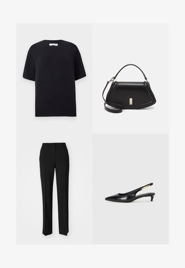 Črna pletena kratkosleedna majica s krožnim vratnim izrezom in rebrastim robom. Gladka tekstura z sproščenim krojem. Minimalistična zasnova.; Črne krojene hlače s direktnim krojem, ki se ponašajo z gladko teksturo in ostrimi pregibi spredaj. Ni vidne kovine.; Črne usnjene sandale na peto z ostro konico, ki imajo tanko peto in zlat ton na nastavljivem traku. Gladka tekstura.; Črna usnjena torbica s strukturnim dizajnom, ki ima skrajšano obliko, zgornji ročaj in zlate dodatke. Vključena je nastavljiva ramenska naramnica.