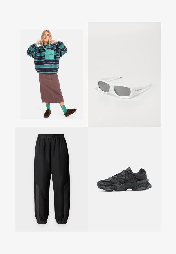 Fleece pullover with teal and navy stripes, half-zip design, front pocket, paired with a brown skirt and patterned green socks.; Black athletic pants made of smooth, lightweight fabric. Features elastic waistband, fitted cuffs, and dark gray side panels with logo.; Black running shoe featuring a mix of mesh and synthetic materials, chunky sole, curved design, and prominent branding on the side.; White rectangular Oakley sunglasses with dark lenses resting on a white surface, logo visible on the side.