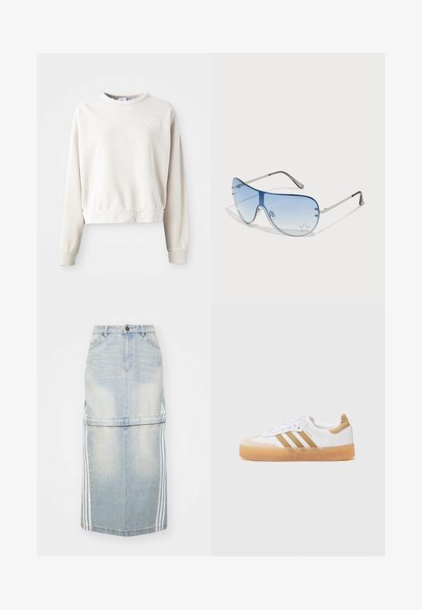 Sweatshirt cropped de cor creme feito de tecido suave, com gola redonda, mangas longas e um logotipo bordado no peito.; Saia midi de ganga em azul claro, com riscas laterais, uma cintura ajustada e bolsos frontais. A textura desgastada adiciona detalhe.; Sapatilhas brancas com detalhes bege, apresentando três riscas, bico arredondado e sola de borracha translúcida. Materiais de couro liso e têxtil.; Óculos de sol aviador com lentes azuis em degradê, armação metálica prateada e detalhes decorativos de estrelas nas lentes. Design suave e elegante.