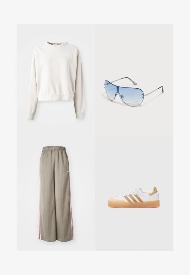 Sweatshirt cropped de cor creme feito de tecido suave, com gola redonda, mangas longas e um logotipo bordado no peito.; Calças largas verde-azeitona claras com riscas verticais, cintura elástica e riscas laterais rosa. Apresenta um pequeno logótipo no quadril.; Sapatilhas brancas com detalhes bege, apresentando três riscas, bico arredondado e sola de borracha translúcida. Materiais de couro liso e têxtil.; Óculos de sol aviador com lentes azuis em degradê, armação metálica prateada e detalhes decorativos de estrelas nas lentes. Design suave e elegante.