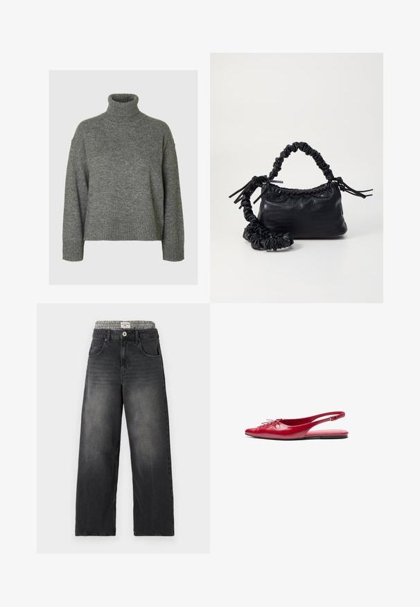 Maglione grigio a collo alto realizzato in un morbido materiale testurizzato con una vestibilità comoda. Presenta un colletto, polsini e orlo a coste. Design semplice.; Jeans neri in denim a gamba larga con una cintura a motivo houndstooth. Presentano tasche frontali e chiusura con bottone. Texture usurata.; Scarpa piatta slingback rossa in pelle con punta affusolata e un dettaglio decorativo di lacci nella parte frontale, caratterizzata da una sottile fascia alla caviglia e suola piatta.; Borsa a tracolla in ecopelle nera con texture a coccodrillo, apertura cinchata e tracolla arricciata. Si presenta con un design morbido e compatto.