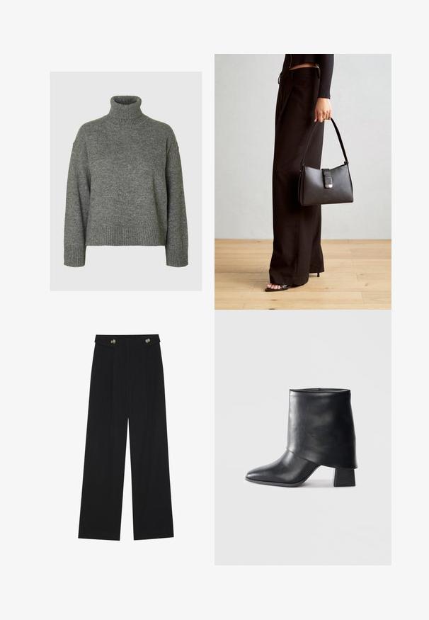 Pull à col roulé gris fabriqué dans un matériau doux et texturé, avec une coupe décontractée. Présente un col, des poignets et un ourlet côtelés. Design simple.; Pantalons larges noirs à taille haute, avec des détails de boutons à la taille et des plis sur le devant.; Bottine en cuir noir à bout pointu, texture lisse et talon bloc structuré. Elle se distingue par un design de revers haut et plié.; Sac à main noir à la forme structurée, texture lisse et fermoir métallique. Associé à un pantalon noir ample et des sandales ouvertes sur un sol en bois.