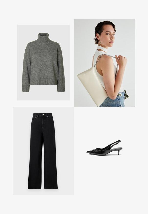 Grauer Rollkragenpullover aus einem weichen, strukturierten Material mit lockerer Passform. Mit geripptem Kragen, Bündchen und Saum. Einfaches Design.; Hochgeschnittene schwarze Denim-Jeans mit weitem Bein, ausgestattet mit fünf Taschen und silberfarbenen Hardware-Akzenten. Insgesamt glatte Textur.; Schwarze Leder-Slingback-Absätze mit einer spitzen Zehenform, kleinen Kitten-Absätzen und einem dekorativen Knoten-Detail auf der Vorderseite. Glatte Textur über die gesamte Fläche.; Weiße rechteckige Clutch aus glänzendem Material mit einem silbernen Kettenriemen. Das Model posiert und präsentiert die Tasche vor einem schlichten Hintergrund.
