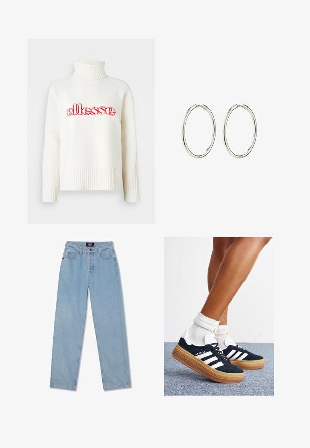 Balta mezgimo megztinis su aukštu gaubtu, puošiamas raudonu siuvinėtu "ellesse" logotipu per krūtinę. Ilgos rankovės su guma.; Šviesiai mėlynos džinsinės kelnės su tiesia iškirpte, penkiais kišenėmis, mygtukų užsisegimu ir švelniais plovimo efektais priekyje.; Juodi zomšiniai sportbačiai su baltais dryžiais ir akcentais, apvalios nosies, guminio, gumos pado, derinami su baltais raitytais vidutinio ilgio kojinaitėmis.; Sidabriniai auskarai-žiedai su lygiu, blizgiu paviršiumi. Apvali forma, lengvas dizainas, turintis saugų užsegimo mechanizmą.