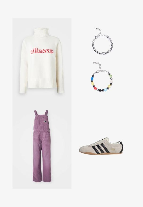 Valge kootud sviiter, millel on kõrge soonikkoes krae, ja millel on rindkeres punane broderitud "ellesse" logo. Pikkade varrukatega, millel on soonikkoes mansetid.; Lilla denim ülepea püksid reguleeritavate rihmadega, eesmine tasku ja laiad sääred. Materjalil on kerge tekstuur; detailid hõbedased metallklipid.; Suuletennised halli ülemise osa, mustade triipude ja kummi kummiga talla. Omab nööridega kinnitust ja kuldset logo detailsust küljes.; Hõbedane ketigael näidis, millel on pikendatud lingid üleval. Allpool on värvikas helmedest koosnev käevõru, milles on mustad, sinised, rohelised, kollased, punased ja selged helmeste.