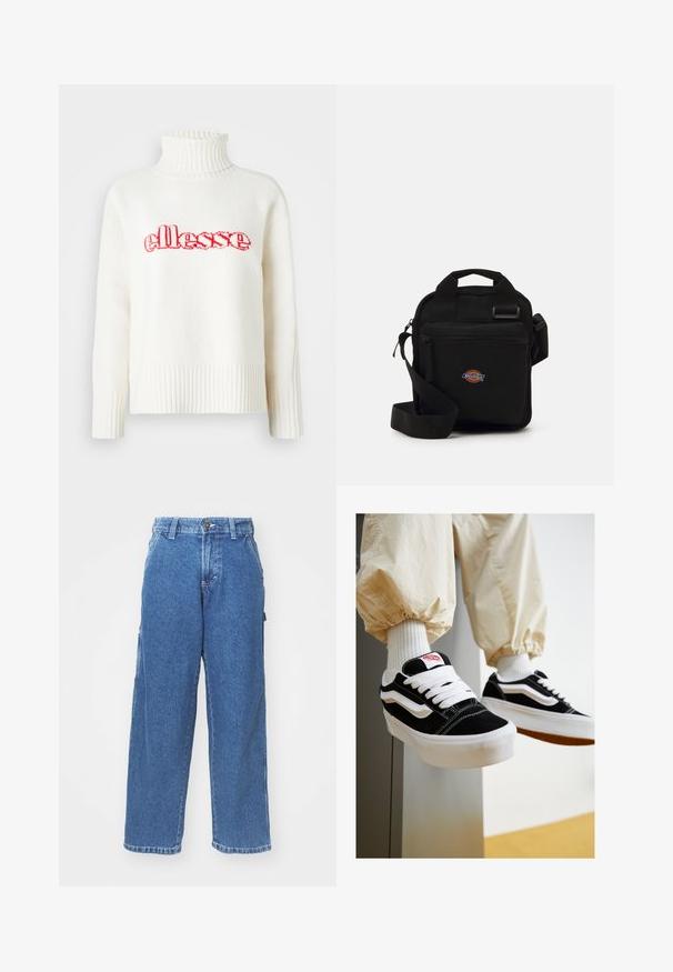 Bela pletena jopica z visokim rebrastim ovratnikom, ki vsebuje rdeči vezen 'ellesse' logotip čez prsa. Dolgi rokavi z rebrastimi manšetami.; Modre široke kavbojke z visokim pasom, gumbom za zapiranje in stranskimi žepom. Oblečene z bledejšim pranjem, mehko teksturo in ravnim krojem.; Črne in bele semiš superge s ravnimi belimi vezalkami, teksturiranimi gumijastimi podplati in obliko stranske črte. Ustrezajo kremnim hlačam s tapered krojem.; Črna crossbody torba z zadrgo, pravokotne oblike, izdelana iz blaga, z logotipom na sprednji strani, nastavljivim ramenskim trakom.
