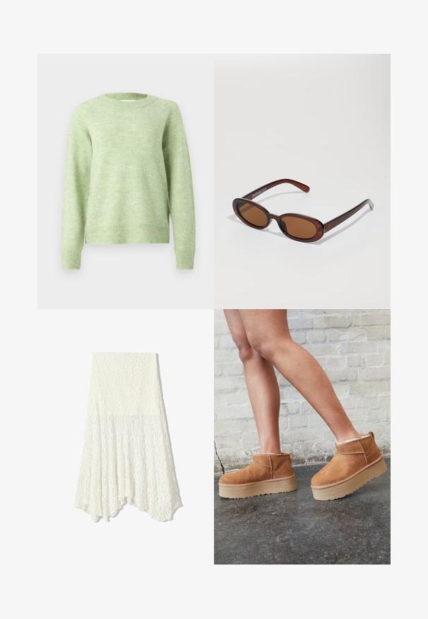 Svetlozelený sveter z mäkkej, textúrovanej tkaniny; má okrúhly výstrih, dlhé rukávy a rebrované lemy pre pohodlné nosenie.; Biela čipkovaná sukňa s textúrovaným vzorom, s asymetrickým lemom a splývavým strihom, vyrobená z ľahkej textílie.; Hnedé semišové kotníkové čižmy s mäkkou podšívkou, hrubou béžovou platformou a zadným pútkom na obutie. Textúrovaný povrch s viditeľnými švami.; Okrúhle slnečné okuliare s hnedým nádychom a lesklým burgundským rámom. Úzke ramená s jemným brandovaním. Plochej šošovky dizajn.; Hnedá kožená taška na rameno s textúrovaným povrchom, zakriveným tvarom, zlatými doplnkami, nastaviteľným popruhom a preklápacím uzáverom.