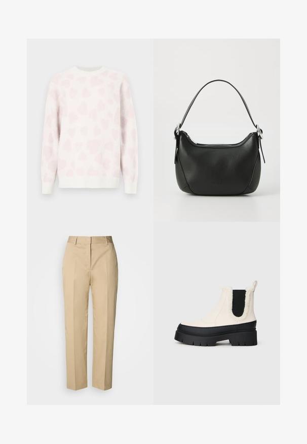 Witte trui met een zachte textuur, voorzien van een roze hartpatroon. Ronde hals en geribbelde boorden benadrukken het ontwerp.; Beige rechte broek met riemlussen, voorplooi en verborgen sluiting, afgebeeld tegen een lichte achtergrond.; Chunky platform enkellaarsjes met een witte bovenkant, zwarte rubberen zool en contrasterende zwarte elastische zijkanten. Nepbonten rand aan de bovenrand.; Zwarte leren handtas met een gebogen vorm, zilveren rits en een korte handgreep. Bevat een subtiel logo aan de voorkant en een gladde textuur.