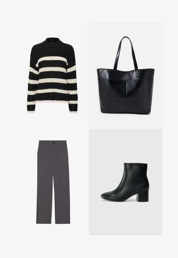 Svart och krämfärgad randig stickad tröja med hög hals, lös passform och ribbad textur. Har breda horisontella ränder och långa ärmar.; Grå byxor med rak ben-design, som har två sidofickor och knappstängning. Slät tyg utan synliga mönster eller detaljer.; Svarta läderankelstövlar med spetsig tå och kraftig klack. Slät textur med minimala accenter och en stilren, åtsittande design.; Svart läder tote-väska med två långa handtag, en slät yta och en strukturerad form. Har en framficka för extra förvaring.