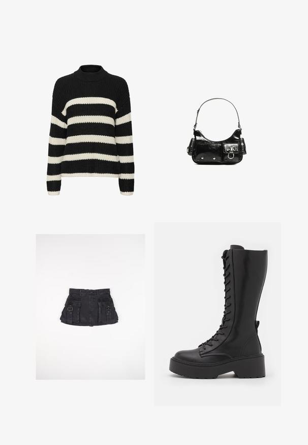 Černý a krémový pruhovaný pletený svetr s vysokým límcem, volným střihem a žebrovanou strukturou. Obsahuje široké horizontální pruhy a dlouhé rukávy.; Černá denimová mini sukně se dvěma předními kapsami, bočními sponami a přiléhavým pasem. Vyznačuje se hladkou texturou a rovním lemem.; Černé boty do půli lýtek se šněrováním a robustní platformou, hladkým koženým povrchem a zesíleným prošíváním podél švů.; Černá lakovaná kožená kabelka s křivkovým tvarem, jedním ramenním popruhem, předními kapsami a stříbrnými kovovými detaily.