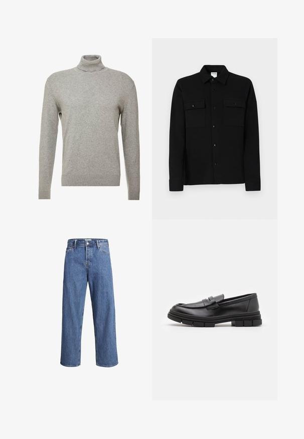 Suéter gris de cuello alto y mangas largas. Hecho de un material suave y liso, con un diseño ajustado y detalles de canalé en el dobladillo.; Camisa negra con botones, hecha de una tela suave, que presenta dos bolsillos en el pecho, un cuello tipo punta y puños abotonados. Diseño simple con un mínimo de detalles.; Jeans de denim azul claro con un diseño de pierna recta, cintura alta y detalles de costura mínimos. La tela tiene una textura suave y ligeramente desvanecida.; Mocasines de piel negra con un acabado suave, que presentan un detalle de correa en la parte delantera y una suela de goma gruesa con acentos acanalados.