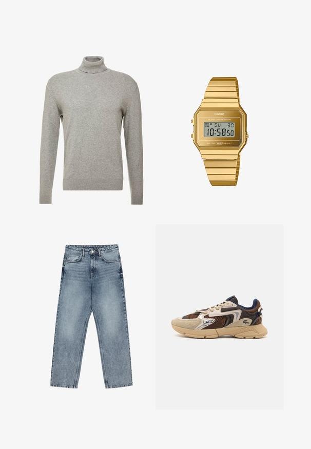 Šedý svetr s vysokým límcem a dlouhými rukávy. Vyrobeno z hladkého, měkkého materiálu s přiléhavým střihem a žebrovanými detaily na lemu.; Světle modré džíny z denimu se střihom rovnými nohavicemi, viditelným šitím, designem s pěti kapsami a knoflíkovým zapínáním v pase.; Béžové a hnědé tenisky s texturovanými síťovinovými panely, akcenty z semiše a gumovou podrážkou. Mají šněrovací design a značkové detaily.; Digitální hodinky Casio s osmiúhelníkovým pouzdrem z pozlacené nerezové oceli a náramkem, vybavené LCD displejem, alarmem a voděodolností.