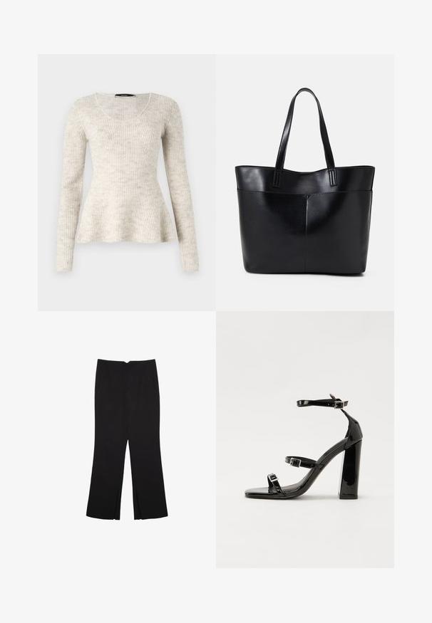 Vaaleanbeige pitkähihaisuus neulepaita, jossa on ribbikuvio, avara kaula-aukko ja liehukhem. Valmistettu pehmeästä neulosmateriaalista.; Mustat housut suoralinjaisella leikkauksella, joissa on etutaskut ja sivurei'ät helman alla. Valmistettu pehmeästä ja sileästä kankaasta. Sopii eri tilaisuuksiin.; Musta kiiltäväpintainen korkokengät, joissa on kaksi solkikiinnitystä, neliönmuotoinen kärki ja paksu korko, sileällä, kiiltävällä pintarakenteella.; Musta nahkainen kassi, jossa on kaksi pitkää kahvaa, sileä pinta ja jämäkkä muoto. Sisältää etutaskun lisävarastointia varten.