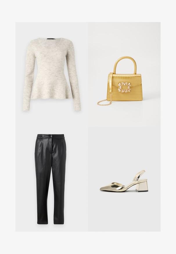 Light beige long-sleeve sweater with a ribbed texture, scoop neckline, and flared hem. Made from a soft, knitted fabric.; Black leather pants with a smooth texture, straight fit, elastic waistband, and a front button closure; pleated detailing and tapered legs.; Gold, metallic slingback heels with a pointed toe and chunky heel. Smooth texture, minimalistic design, and a narrow strap.; Yellow faux-crocodile handbag with a structured design, top handle, detachable chain strap, and decorative crystal embellishment on the clasp.