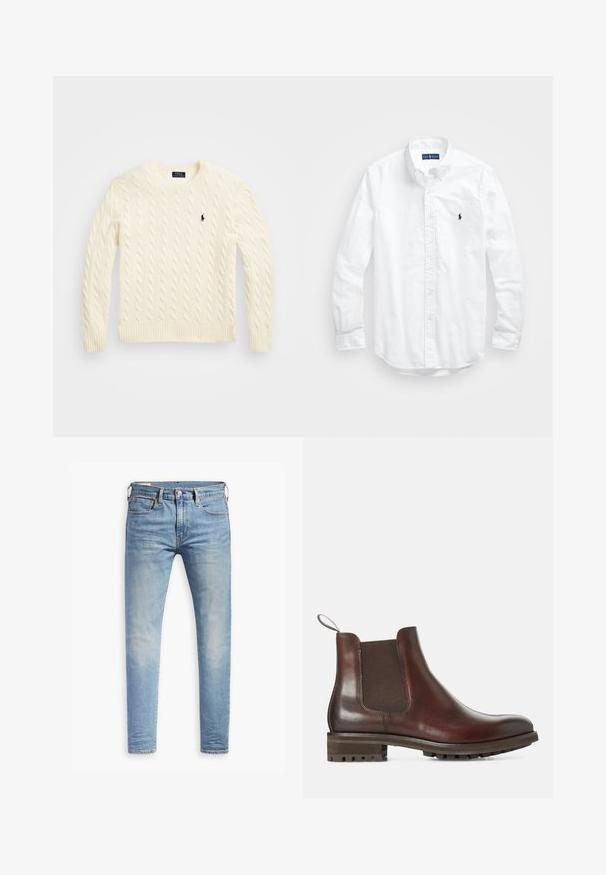 Kremo spalvos kabelinio pintinio megztinis su raukiniais ant rankovių ir apykaklės, su mažuoju mėlynu logotipu ant krūtinės. Pagamintas iš minkštos, tekstūruotos medžiagos.; Balta ilga rankovė mygtukų marškiniai iš medvilnės. Pasižymi klasikinėmis apykaklėmis, mygtukų rankogaliais ir mažuoju tamsiai mėlynu siuviniu su logotipu ant krūtinės.; Šviesiai mėlyni aptempti džinsai su lengvu nudėvėjimu šlaunyse, priekyje užsegami mygtuku, su diržo kilpelėmis ir penkių kišenių stiliumi ant baltos fono.; Rudos odinės Chelsea botai su elastiniais šonų paneleis, traukimo juosta ir tekstūruotu guminiu padu. Lygus paviršius su tvirtu žemu kulnu.