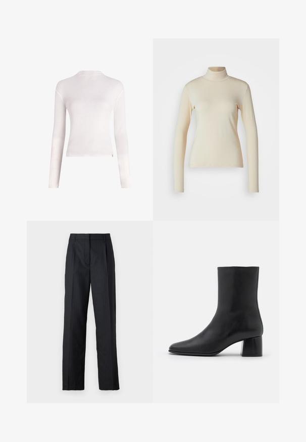 Fehér, hosszú ujjú blouse, puha anyagból készült, kerek nyakkivágással, testhezálló fazonban, minimalista stílusban, minta vagy díszítés nélkül.; Tej színű, hosszú ujjú garbó felső, sima, rugalmas anyagból; testszabott fazon, magas nyakkal, látható minták vagy díszítések nélkül.; Fekete, csíkozott, testre szabott nadrág, egyenes lábakkal, gyűrt redőkkel és hagyományos derékgumival. Simább anyagtextúra.; Fekete bőr bokacsizma hegyes orral és vastag, négyzet alakú sarokkal. Simább felület, mondanivaló nélküli dizájn és minimalista varrás.
