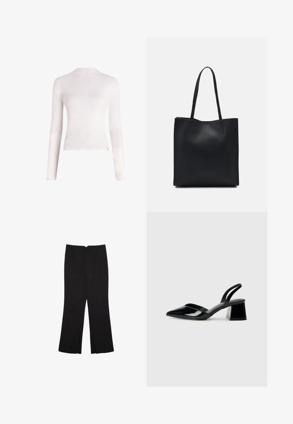Bijela majica dugih rukava od mekog materijala, s okruglim izrezom, prilagođenim krojem i minimalističkim dizajnom bez uzoraka ili ukrasa.; Crne hlače ravnog kroja, s prednjim džepovima i bočnim prorezima na rubu. Izrađene od mekog i glatkog materijala. Pogodne za razne prigode.; Crne lakirane kožne sandale s otvorenom petom i špicastim vrhom, s geometrijskom blok petom. Imaju elegantan, minimalistički dizajn i glatku teksturu.; Crna kožna torba za nošenje s glatkom teksturom, pravokutnim oblikom i dvije duge ručke. Nema vidljivih metalnih dijelova ili ukrasa.