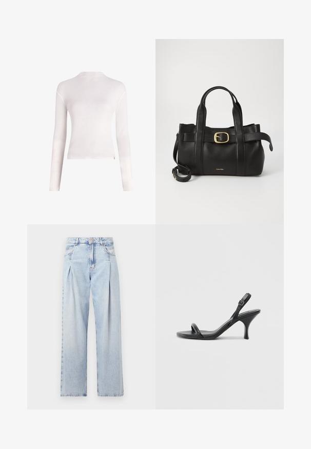 White long-sleeve top made of soft material, featuring a round neckline, fitted shape, and minimalistic design without patterns or embellishments.; Light blue denim jeans with a high waist, wide-leg cut, two side pockets, and pleated design feature. Soft texture with a faded finish.; Black leather high-heeled sandals with a slim, curved heel and a crossed strap design. Adjustable ankle strap. Smooth texture.; Black leather handbag featuring a structured design, dual top handles, gold-tone buckle accent, and embossed brand logo at the front.