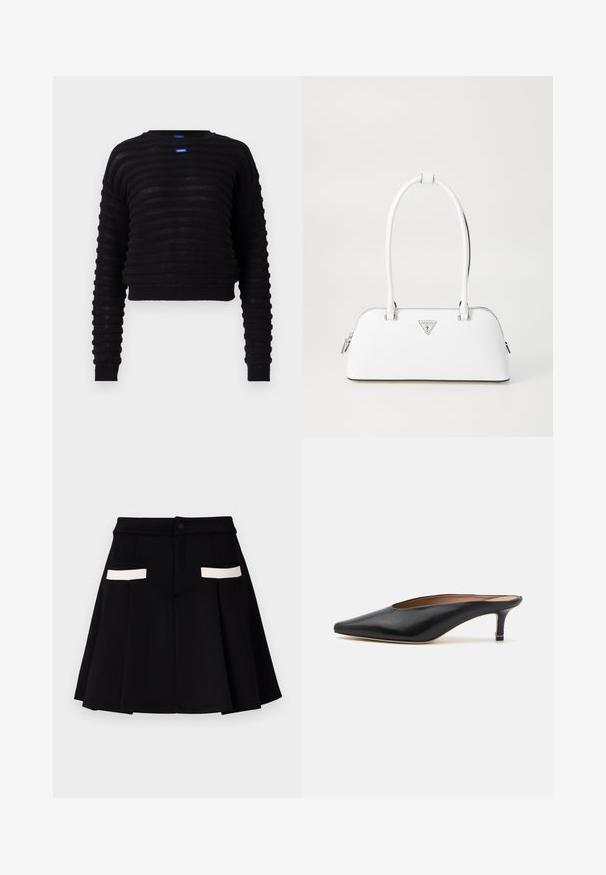 Black cropped sweater with ribbed texture, long sleeves, and a round neckline. Features a blue logo tag on the front. Made from lightweight material.; Light blue and white striped button-up shirt with long sleeves, a collar, and subtle logo embroidery on the chest. Smooth texture.; Black skirt with a flared design, featuring two front pockets with white accents, a button closure, and a smooth fabric texture.; Black leather mules with a pointed toe and low, block heel. Smooth texture with a sleek design. Open back with minimal detailing.; White leather handbag with a curved shape, featuring a silver triangular logo and zipper closure. Smooth texture and dual handles.