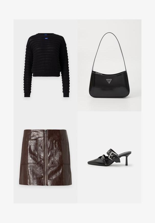 Fekete, rövidített pulóver bordás textúrával, hosszú ujjakkal és kerek nyakkivágással. Az elején kék logó címke található. Könnyű anyagból készült.; Barna műbőr mini szoknya, elülső cipzárral, két nagy elülső zsebbel és sima, fényes felülettel.; Fekete magassarkú mules, hegyes orral, sima bőrből készült. Széles bokapántja van, négyzet alakú ezüst csattal és szegecsekkel.; Fekete lakkbőr válltáska ívelt formával, ezüst háromszög logóval és cipzáros záródással. Simaság jellemzi és vékony pántja van.