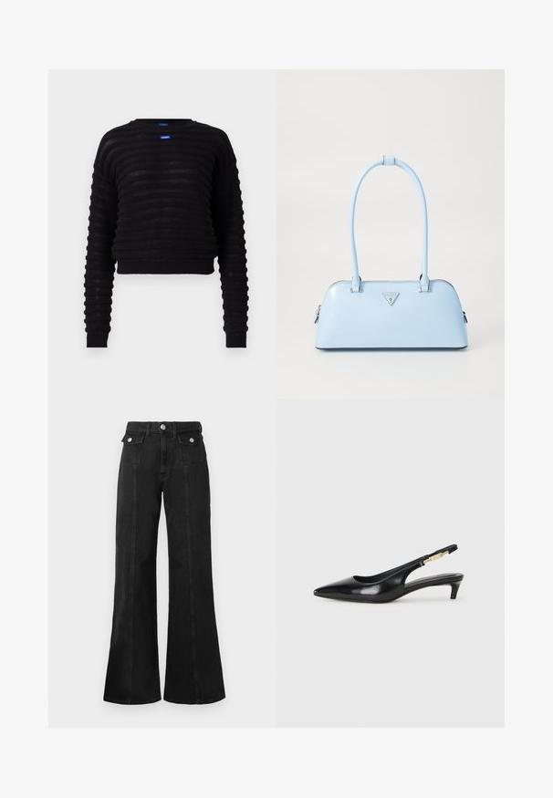 Czarny krótki sweter o prążkowanej fakturze, z długimi rękawami i okrągłym dekoltem. Posiada niebieską metkę z logo z przodu. Wykonany z lekkiego materiału.; Czarne dżinsy dzwonowe z wysokim stanem, z dwoma przednimi kieszeniami, srebrnymi detalami metalowymi oraz widocznymi szwami na przodzie.; Czarne skórzane szpilki typu slingback z ostrym noskiem, posiadające smukły obcas i złoty akcent na regulowanym pasku. Gładka tekstura.; Jasnoniebieska torebka o sztywnym kształcie, wykonana z gładkiej skóry, z dwoma uchwytami i trójkątnym logo marki z przodu. Zamek błyskawiczny.