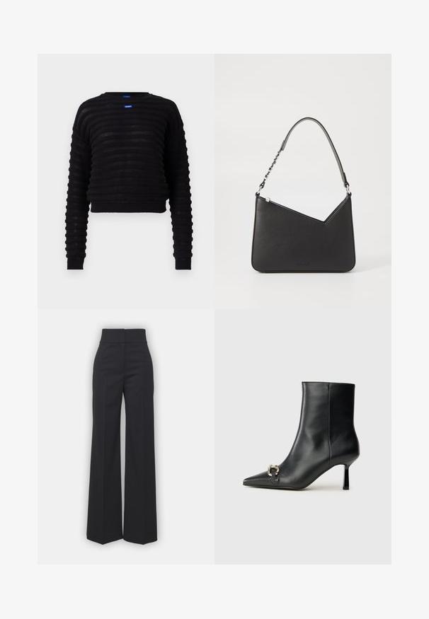 Svart cropped genser med ribbet tekstur, lange ermer og rund hals. Har en blå logo etikett på framsiden. Laget av lett materiale.; Bredde benbukser i svart stoff med høy midje, med en ren finish og glatt tekstur. Ingen synlige detaljer eller mønstre.; Sorte lær ankle boot med spiss tå, slank mid-høyde hæl og sølvspenne på siden mot en enkel bakgrunn.; Svart lærveske med trekantet form, en slank stropp og sølvfarget detaljer. Har glidelåslukking og preget logo på forsiden.