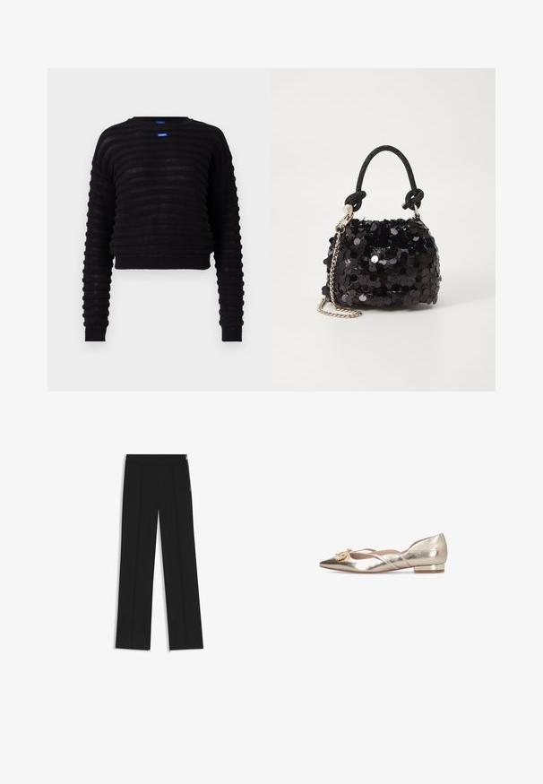 Zwarte cropped trui met geribbeld textuur, lange mouwen en een ronde halslijn. Bevat een blauw logo-label op de voorkant. Gemaakt van lichtgewicht materiaal.; Zwarte wijde broek met twee voorplooien, elastische tailleband en zijritsen voor detail. Soepele textuur en minimalistisch ontwerp.; Metaalachtige gouden balletschoen met een spitse neus, voorzien van kruissluitschoenen en een met juwelen versierde accent. Lage blokhak met een gouden accentdetail.; Zwarte pailletten mini handtas met een geknoopte textuurriem en zilveren ketting. Rondvormig met een geplooide bovenkant en reflecterende details.