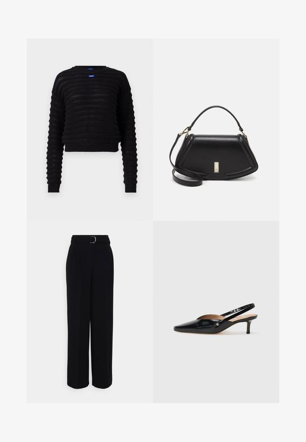 Black cropped sweater with ribbed texture, long sleeves, and a round neckline. Features a blue logo tag on the front. Made from lightweight material.; Black tailored pants with a wide-leg silhouette, featuring a belt with a silver buckle, pleats, and a smooth fabric texture.; Black patent leather slingback pump with a pointed toe, small heel, and a cutout design on the vamp. Gold-tone hardware accent on the side.; Black leather handbag with a structured design, featuring a cropped shape, top handle, and gold hardware accent. Adjustable shoulder strap included.