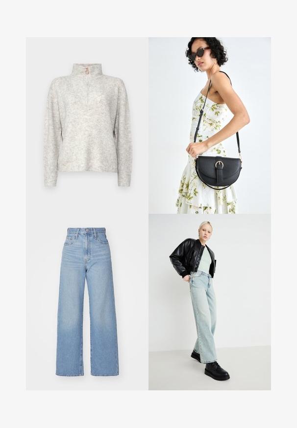 Vero Moda VMPLAZA ZIPPER BLOUS - Pulover - light grey; Jeans cu talie înaltă, de culoare albastru deschis, cu croială largă, dotate cu nasture și fermoar la față, buzunare în față și spate, pe un fundal alb.; Jachetă bomber din piele neagră, cămașă verde mentă, blugi evazați de culoare albastru deschis și pantofi negri cu șireturi, pe un fundal minimal.; Geantă din piele neagră, cu o formă curbată, curea detașabilă și accesorii aurii. Geanta are un capac cu un detaliu tip cataramă.
