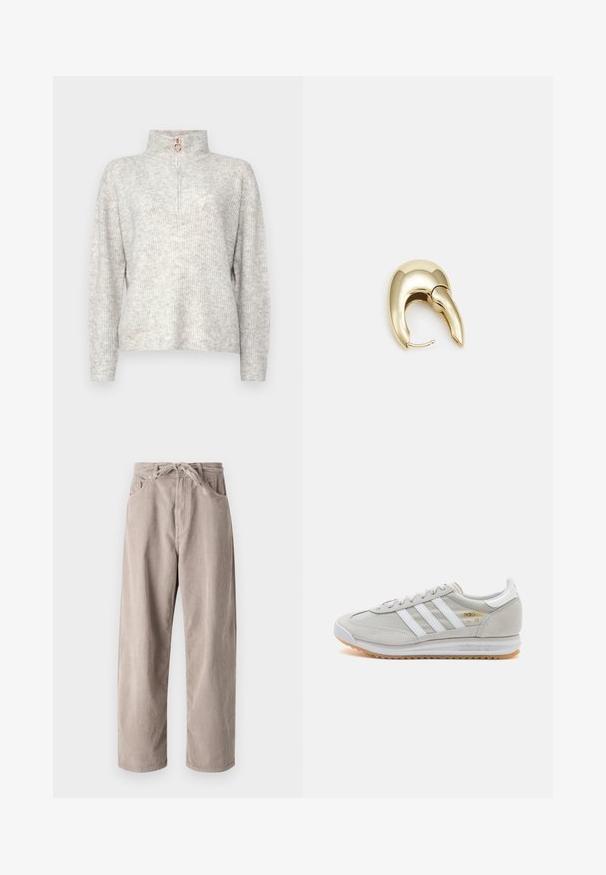 Vero Moda VMPLAZA ZIPPER BLOUS - Džemperis - light grey; Šviesiai rudi kordūriniai kelniai, laisvo kirpimo, su raišteliu reguliuojamu juosmeniu, dviem priekinių kišenėlių ir vertikalia juostele.; Šviesiai pilki sportbačiai, pagaminti iš zomšos ir tinklinės medžiagos, su trimis baltais dryžiais, apvaliu pirštu ir guma padu. Auksinė logotipo detalė šalia raištelių.; Aukso tono metalinės auskarai su stilingu, kreiviu dizainu. Išsiskiria ryškiu smailiu pavidalu, poliruota paviršiumi ir užsegimu su vyriu.