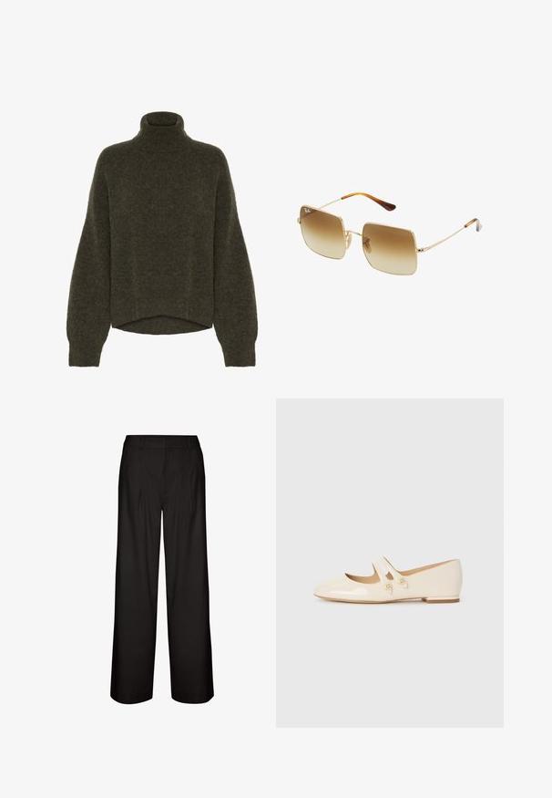 Olive green, knit turtleneck sweater with a relaxed fit, wide sleeves, and a cropped hem. Soft texture with minimal design.; Black wide-leg trousers with pleats, made of lightweight fabric. Features a smooth texture and a straight cut from waist to cuffs.; Ivory patent leather ballet flats with two decorative straps and gold buttons, featuring a rounded toe and low block heel.; Square sunglasses with gradient brown lenses, gold metal frame, and tortoiseshell accents on the temples.; Gold textured handbag with a curved shape and short handle, held by a person wearing a black pleated skirt and black leather cowboy boots.