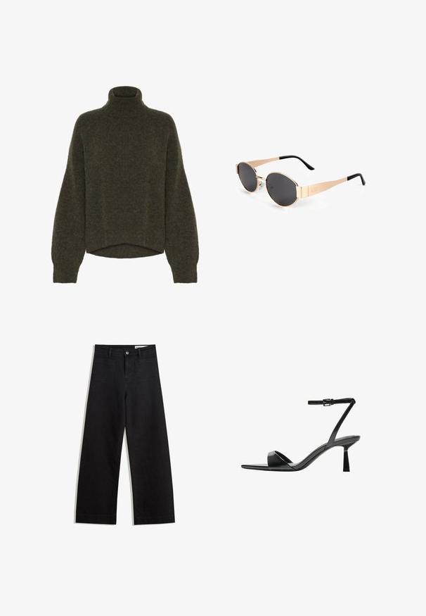 Olivgrön, stickad turtleneck-tröja med avslappnad passform, vida ärmar och kortad nederkant. Mjuk textur med minimal design.; Svarta vida denimbyxor med hög midja, med fram- och bakfickor, sydda sömmar och knappstängning. Slät textur.; Bershka Sandaletter - black; Guldtonade ovala solglasögon med mörka linser, med en elegant design, tunna skalmar och en svart accent vid templen. Modellnummer L37.; Bershka WITH CHAIN - Handväska - black