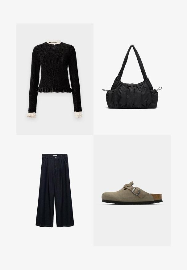Maglietta nera a maniche lunghe con tessuto testurizzato, orlo arricciato e accenti di ruffles bianchi al colletto e ai polsini. Presenta una chiusura centrale con anello.; Pantaloni larghi in denim scuro con vita alta, dotati di chiusura frontale con bottone, due tasche laterali e dettagli di cucitura.; Zoccoli in suede di un verde oliva chiaro con una soletta in sughero e gomma sagomata. Presentano una cinghia laterale con fibbia metallica e una punta arrotondata.; Borsa a tracolla in tessuto nero con texture arricciata, due manici e chiusura a coulisse sui lati. Materiale liscio e leggero.